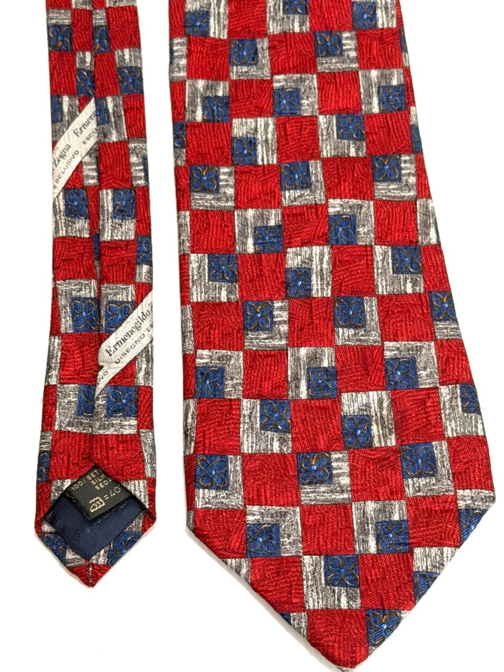 Ermenegildo Zegna Vintage Silk Tie Red Blue Geometric Made in Italy 3.75